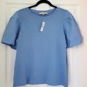 Loft, Flutter Sleeve Mixed Media Top, size L, Mellow Blue